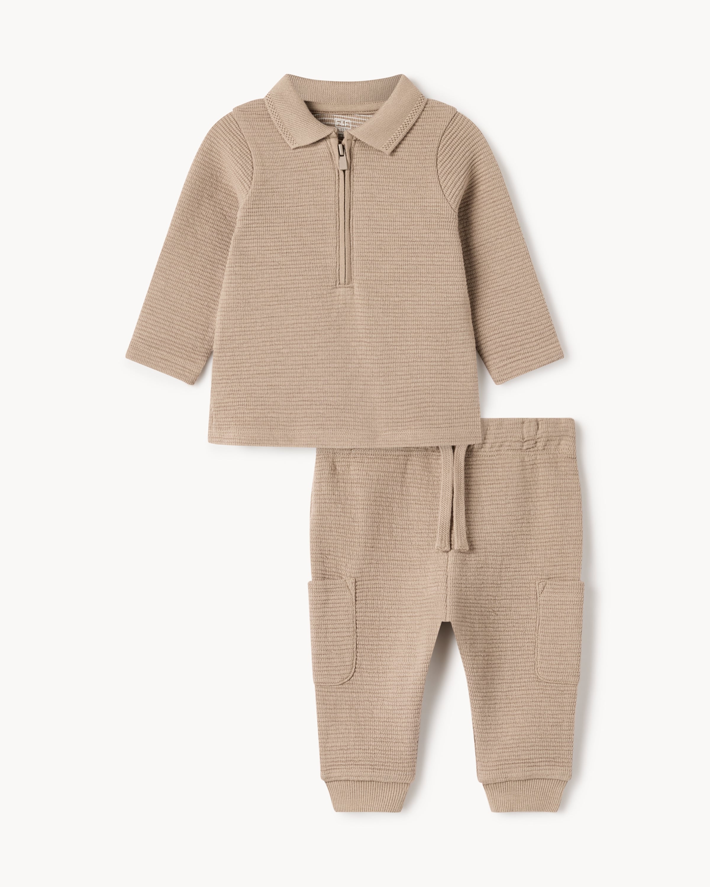 F&F Baby Cotton Rich Textured Shirt and Joggers Set in Tan