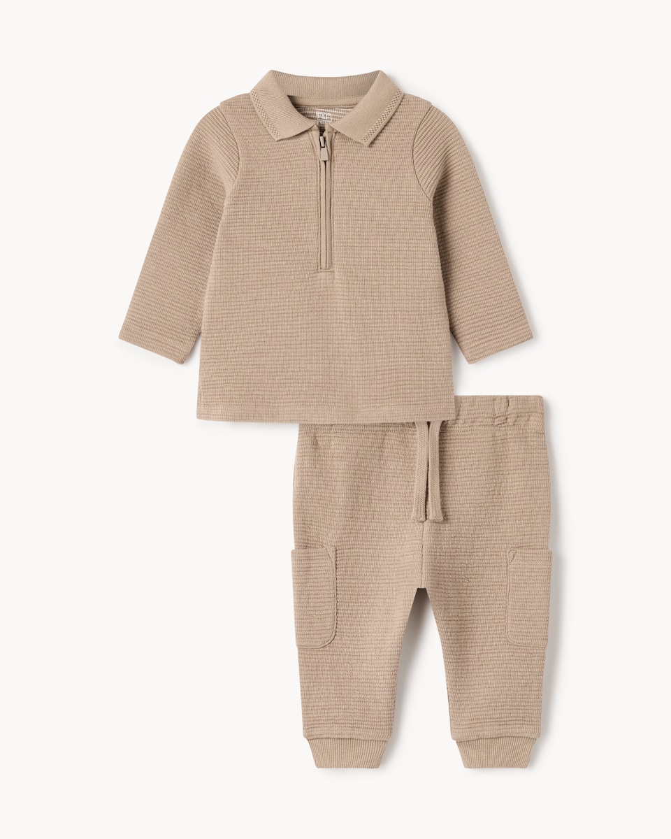 image 1 of F&F Baby Cotton Rich Textured Shirt and Joggers Set in Tan