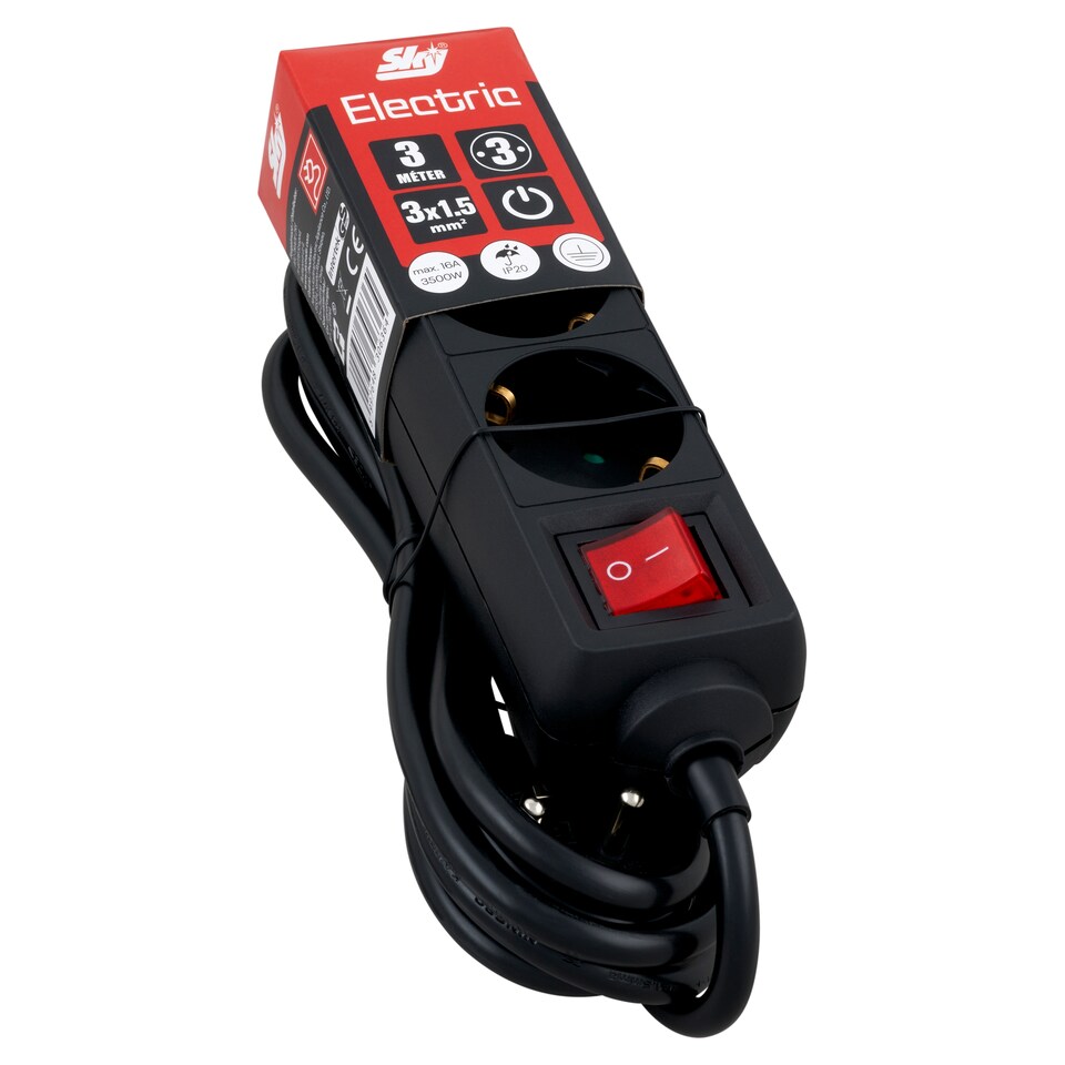 image 1 of Sky Electric KF-03CK-3M F 3-Way, Shockproof Black Power Strip with Switch 3 m