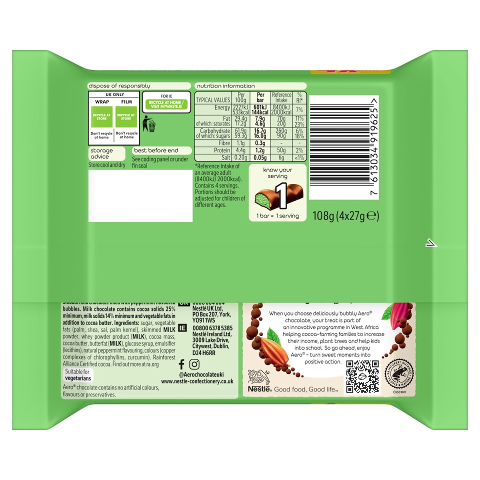 image 1 of Aero Bubbly Peppermint Mint Chocolate Bar Multipack 27g 4 Pack