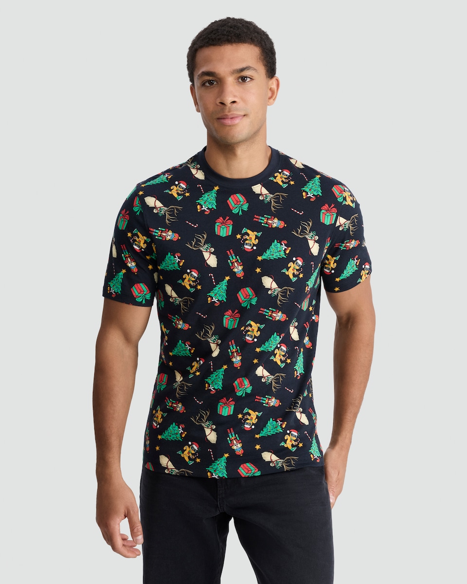 image 1 of F&F Pure Cotton Festive Print Short Sleeved T-Shirt in Navy