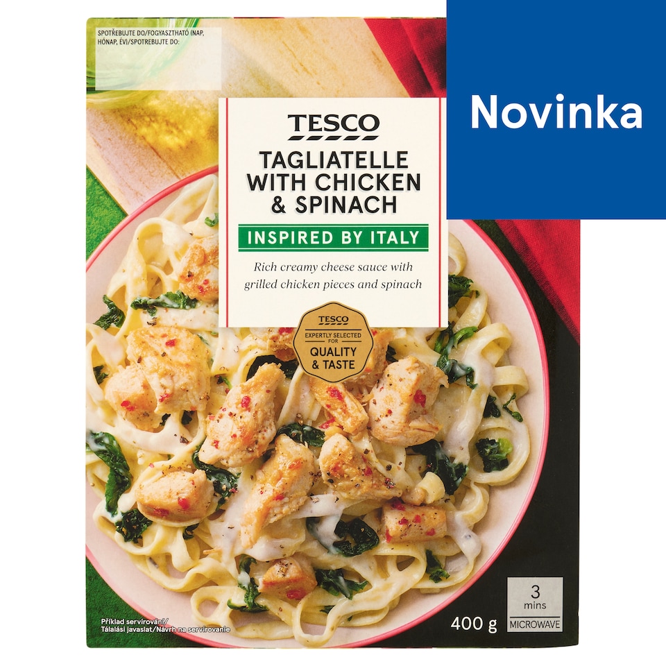 Tesco Cestoviny so syrovou omáčkou, kúskami kuracieho mäsa a pečeným špenátom 400 g