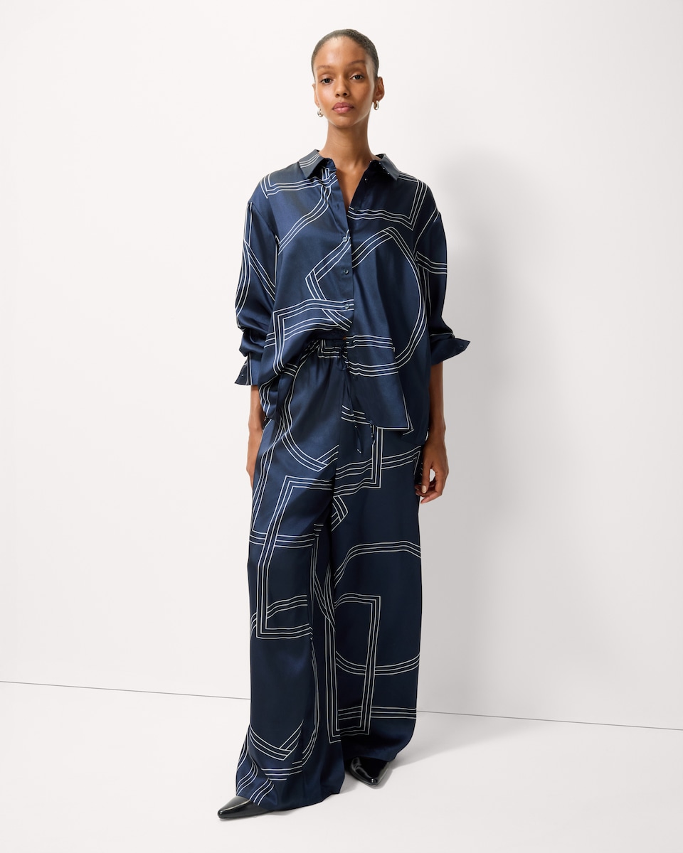 image 1 of F&F Satin Geometric Print Co-ord Shirt in Navy