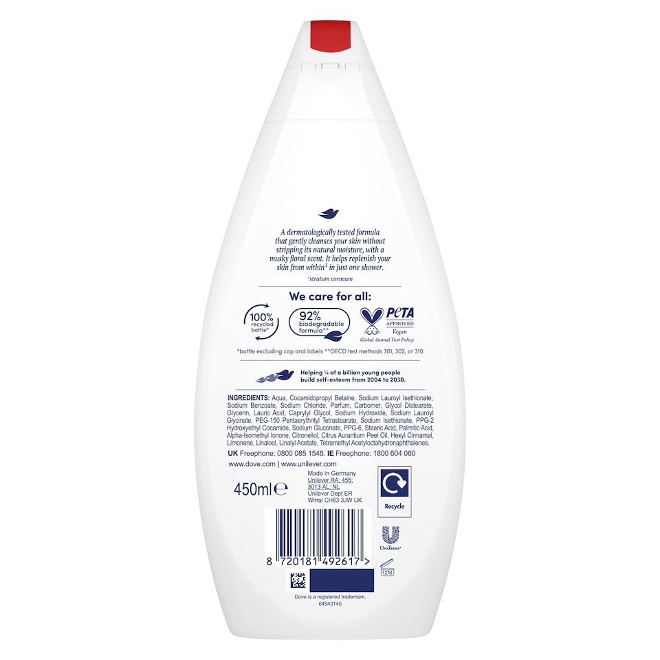 image 1 of Dove Silky Velvet 24hr Moisturisation Body Wash Shower Gel 450ml