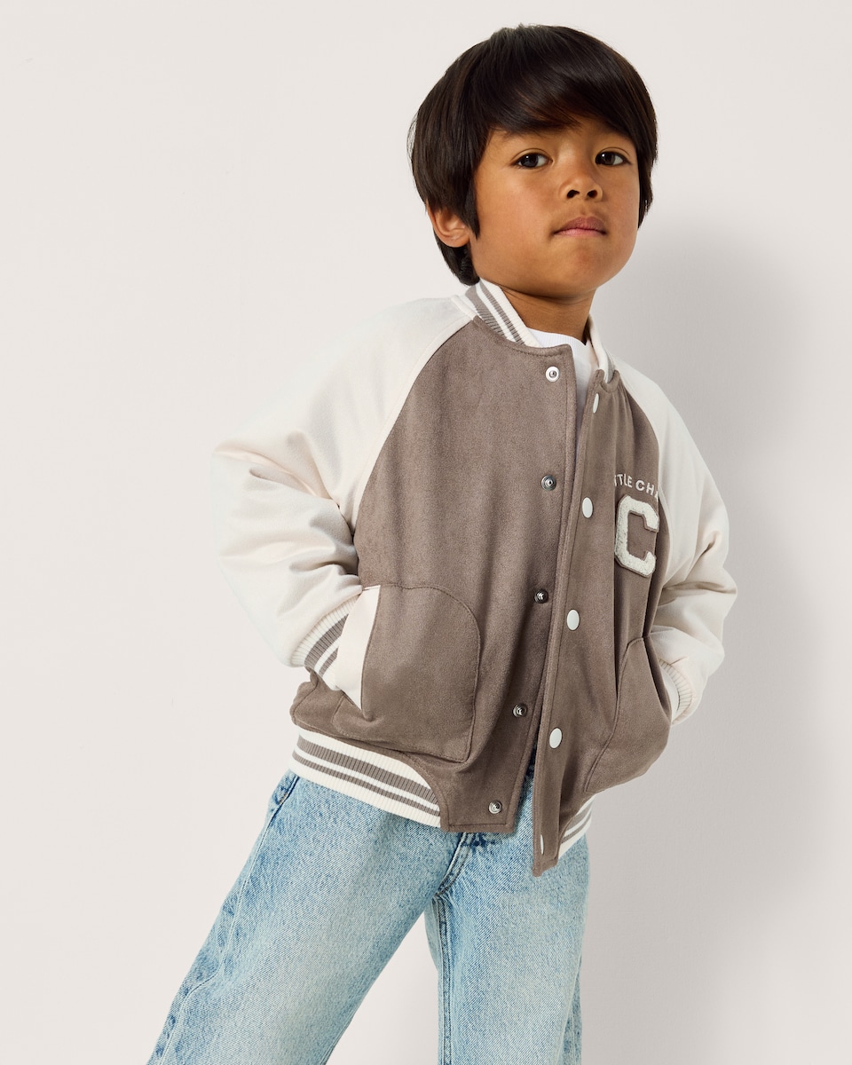 image 1 of F&F Boys Faux Suede Varsity Jacket in Brown