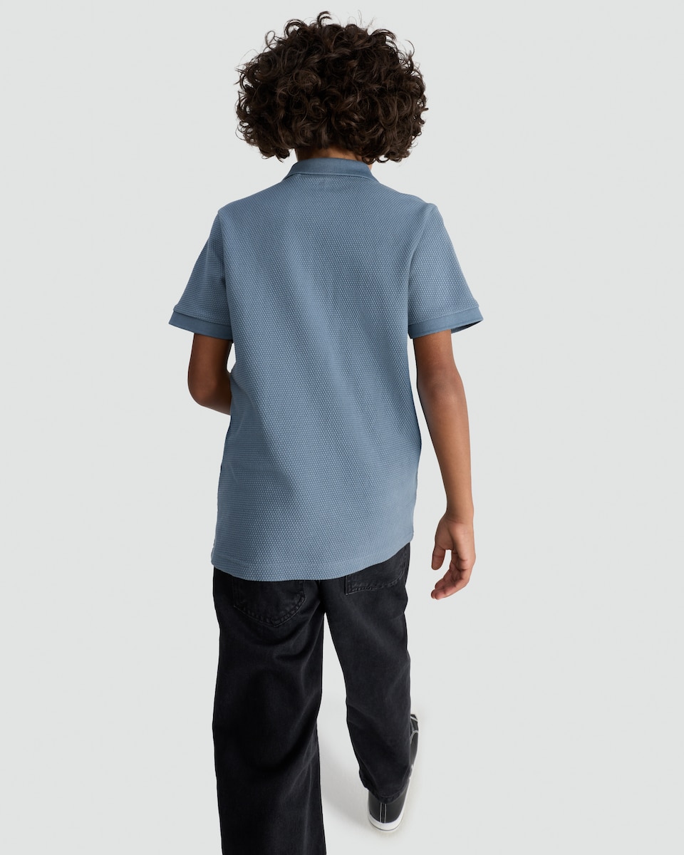 image 1 of F&F Boys Cotton Rich Waffle Textured Polo Shirt in Blue