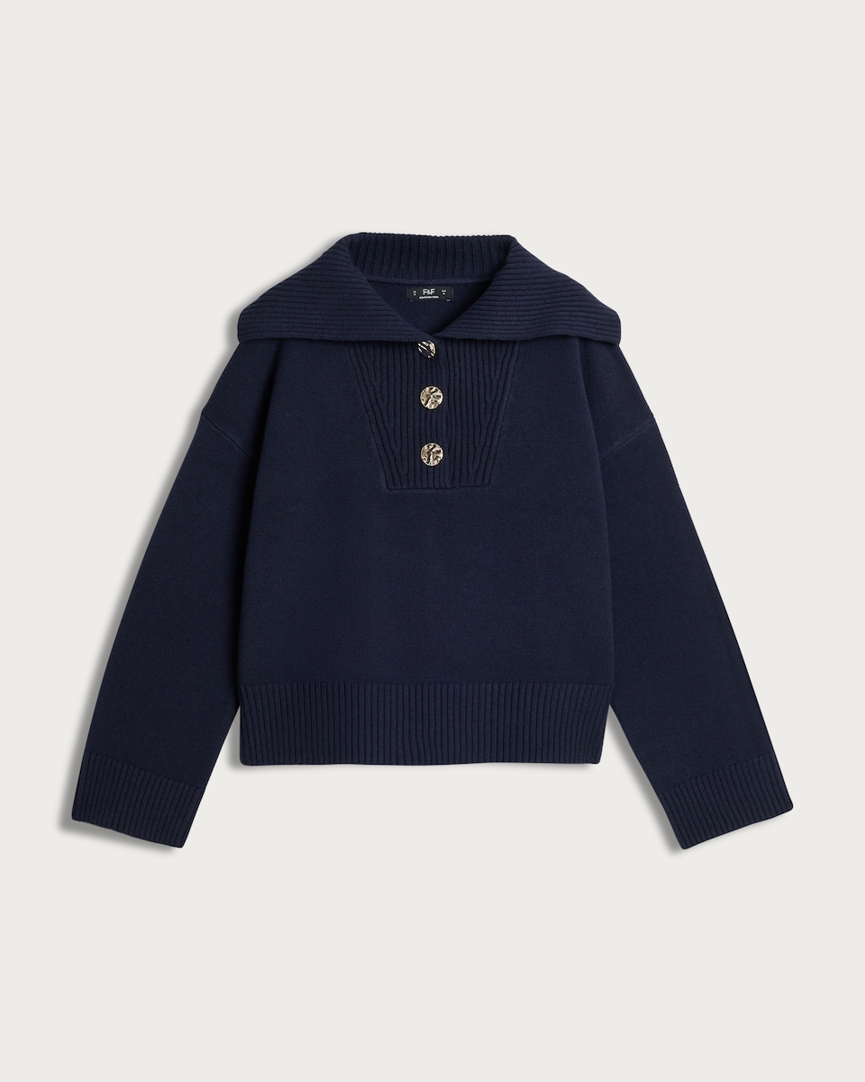 image 1 of F&F Knitted Ribbed Collar Button Jumper with Wool in Navy