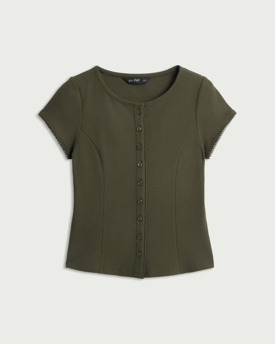 image 1 of F&F Cotton Rich Ribbed Top in Khaki