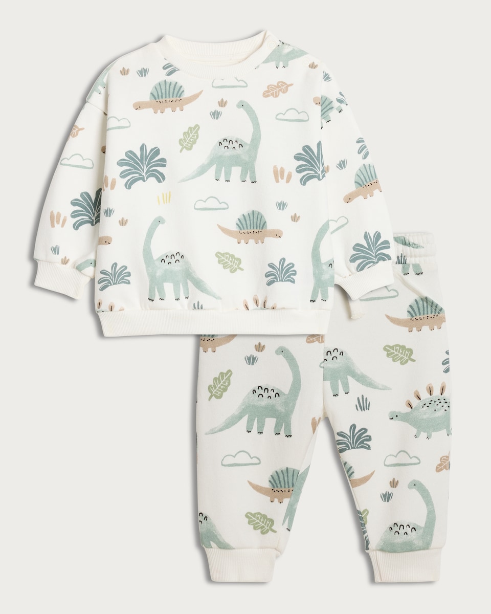 image 1 of F&F Baby 2 Piece Cotton Rich Dinosaur Print Jumper and Joggers Set in White