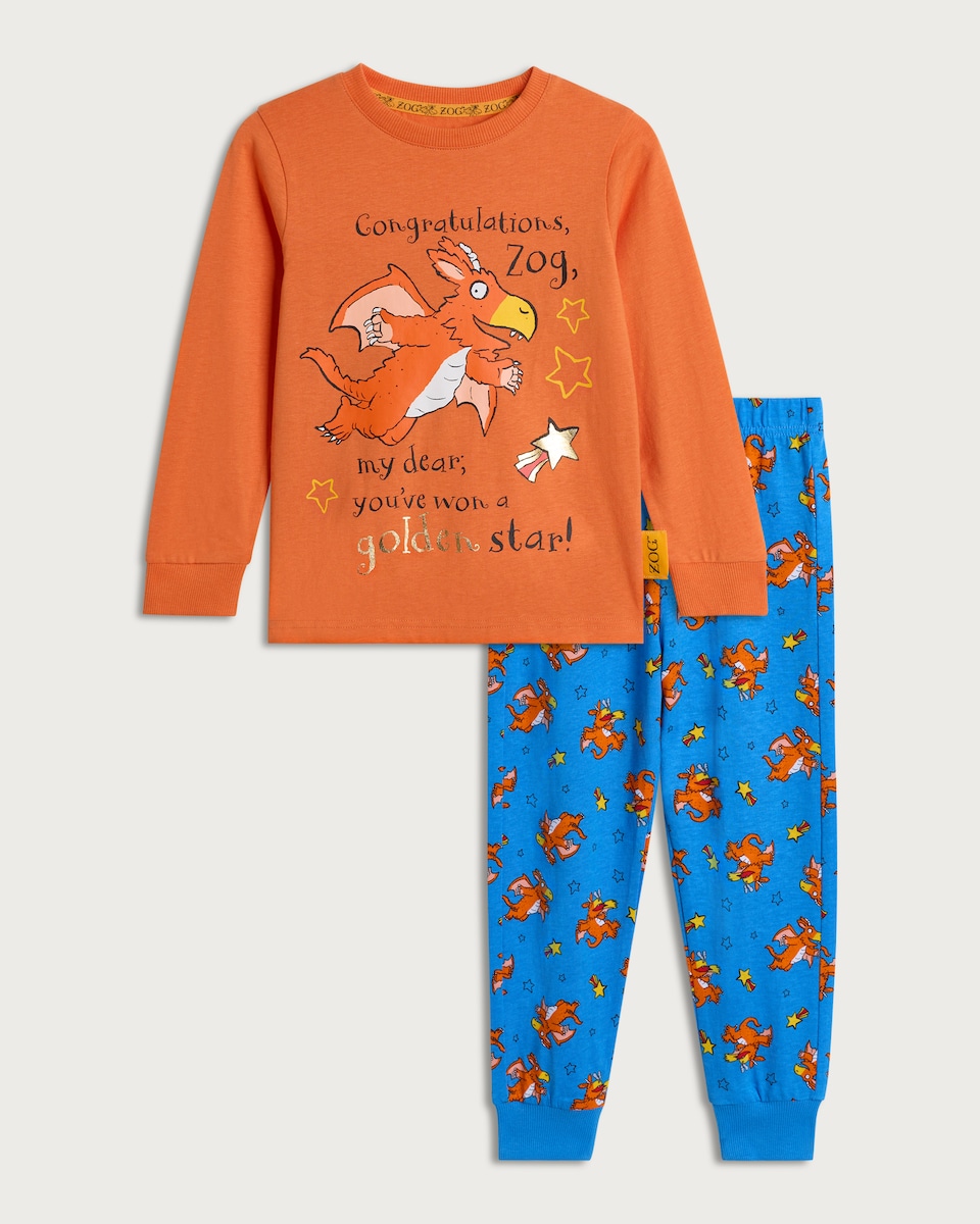 image 1 of Zog Pure Cotton Golden Star Top and Bottoms Pyjama Set in Orange