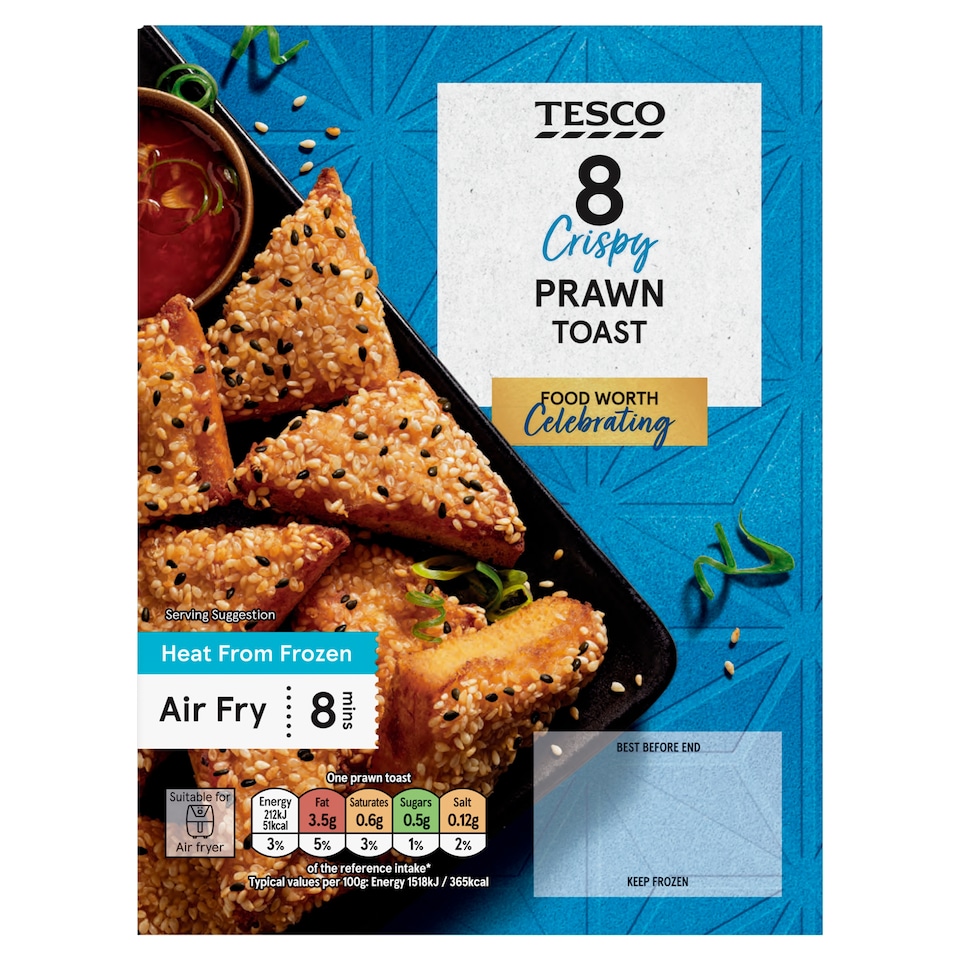 Tesco Mleté krevety se zeleninou na bílém chlebu ozdobené sezamovými semínky 8 ks 120g