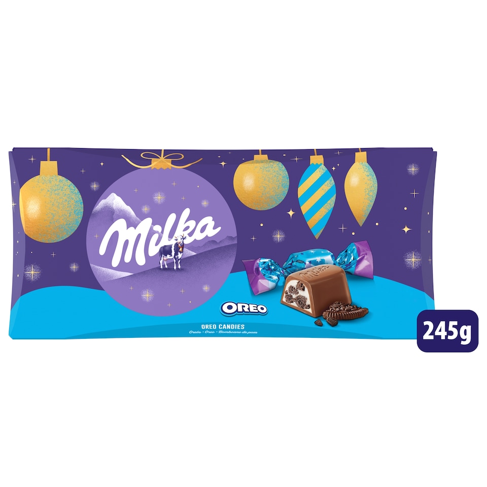 Milka Oreós tejcsokoládé szaloncukor tejes krémtöltelékkel és kakaós kekszdarabokkal 245g