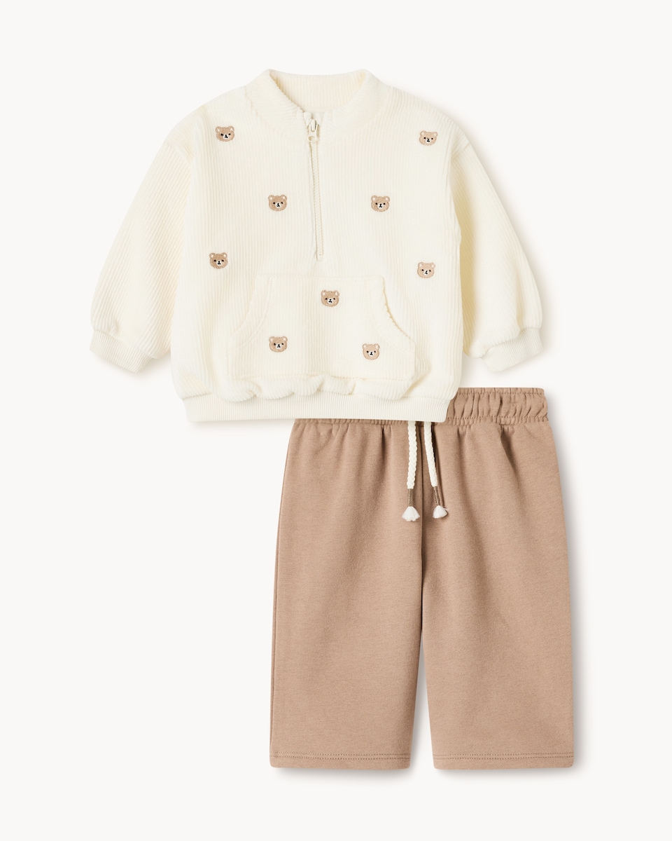 image 1 of F&F Baby Cotton Rich Bear Embroidered Half Zip and Joggers Set in Neutral