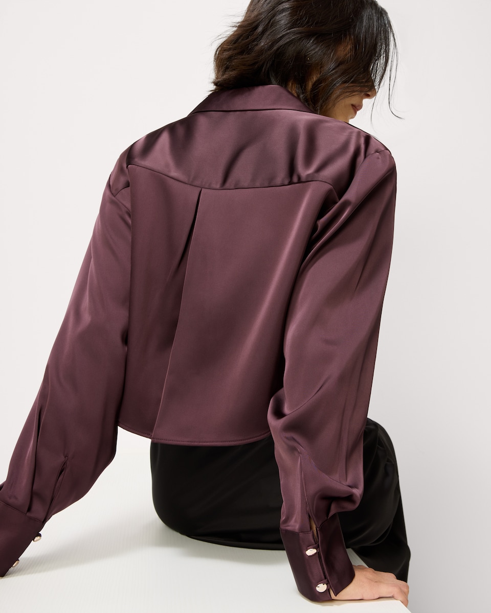 image 1 of F&F Satin Cropped Shirt in Burgundy