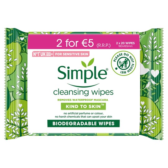 Simple Kind To Skin Biodegradable Cleansing Wipes 2X20