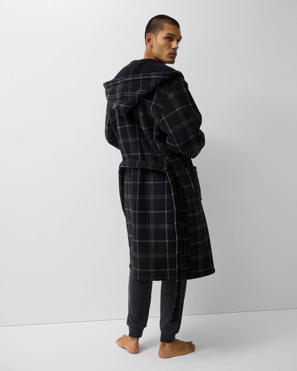 image 1 of F&F Fleece Bonded Checked Hooded Dressing Gown in Multi Black White