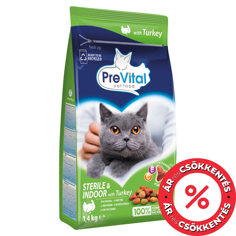 PreVital száraz macskaeledel, macskatáp steril, lakásban tartott macskáknak pulykával 1,4 kg