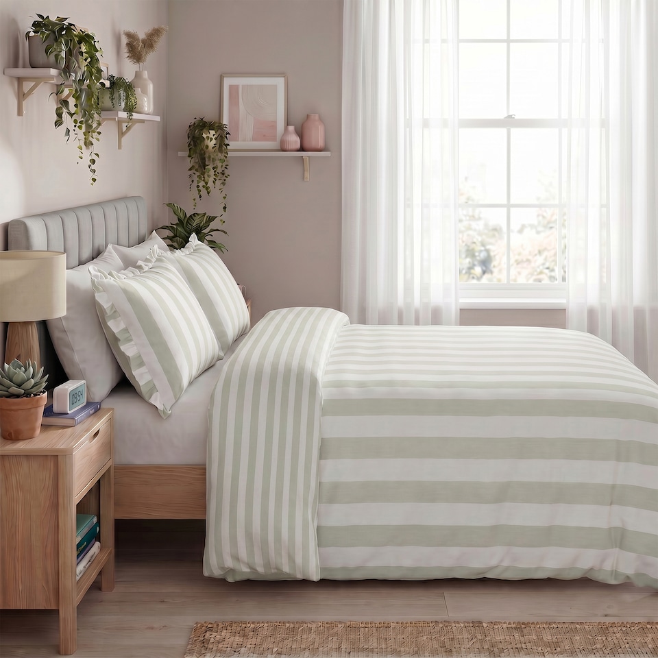 image 1 of Silentnight Supersoft Frilled Green Stripe Duvet Cover Set Double