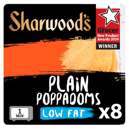Sharwoods Plain Poppadoms Low Fat 8 Pack 94G Tesco Groceries