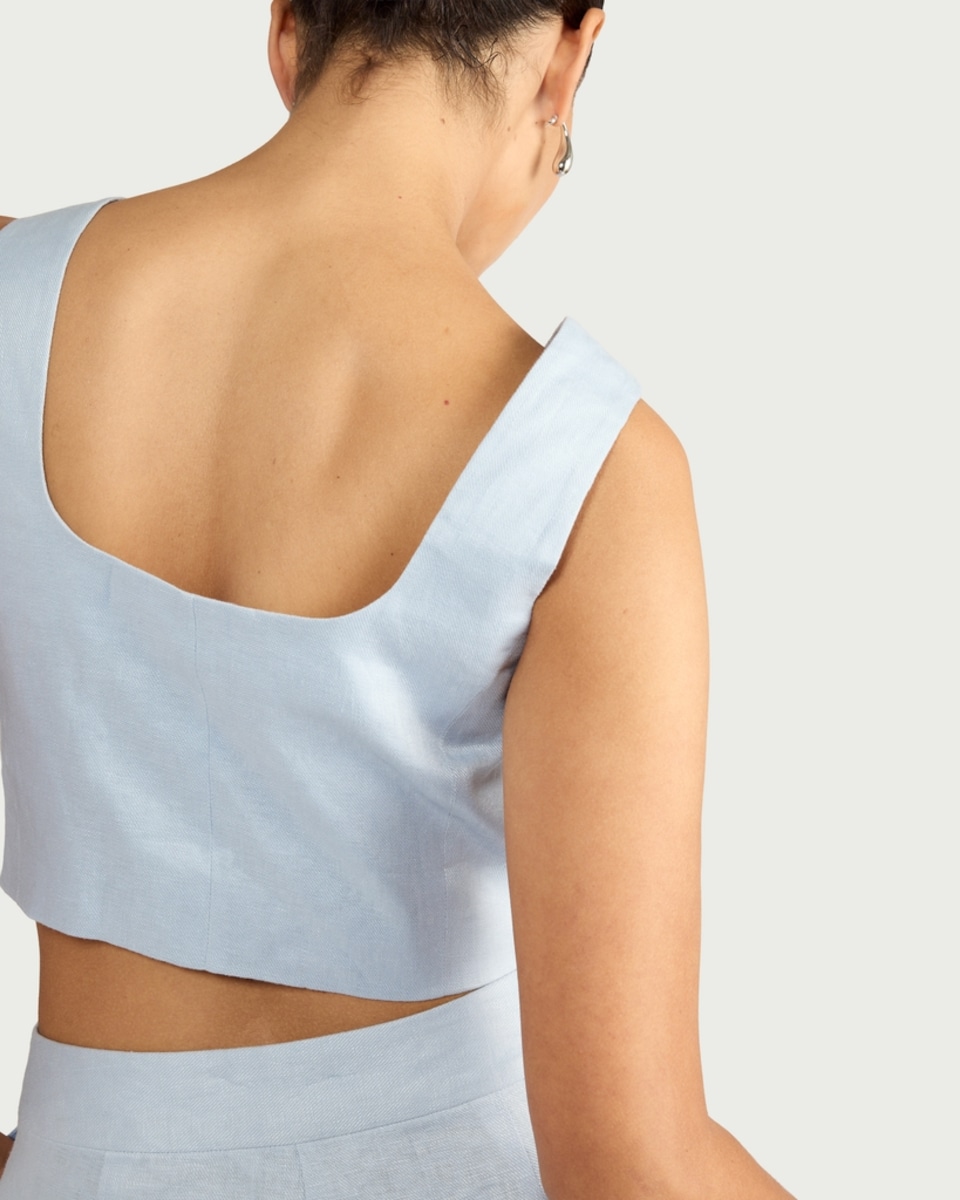 image 1 of F&F Pure Linen Button Front Cropped Waistcoat in Blue