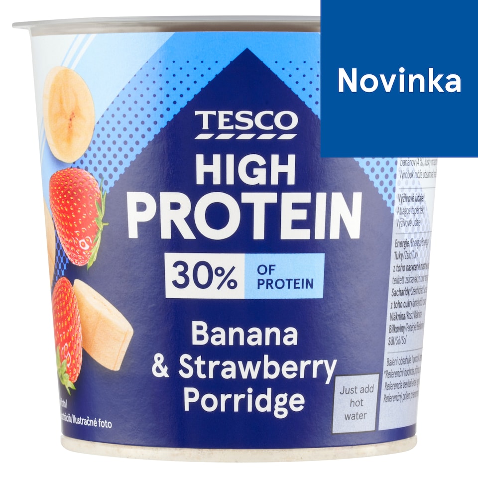 Tesco High Protein instantná ovsená kaša s kúskami mrazom sušených banánov a jahôd 65 g