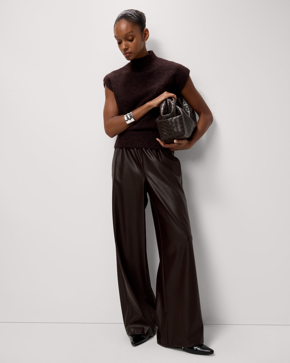image 1 of F&F Faux Leather Wide Leg Trousers in Burgundy