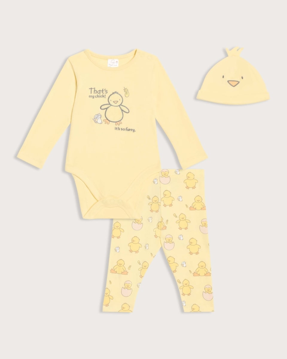 That's Not My 3-Piece Pure Cotton Chick Print Bodysuit, Leggings and Hat Set in Yellow