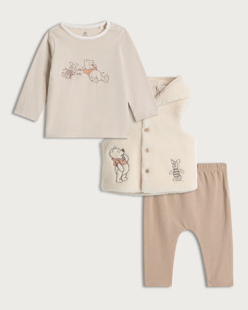 image 1 of Disney Winnie the Pooh 3-Piece Hooded Gilet, Long Sleeved Top and Leggings Set in White