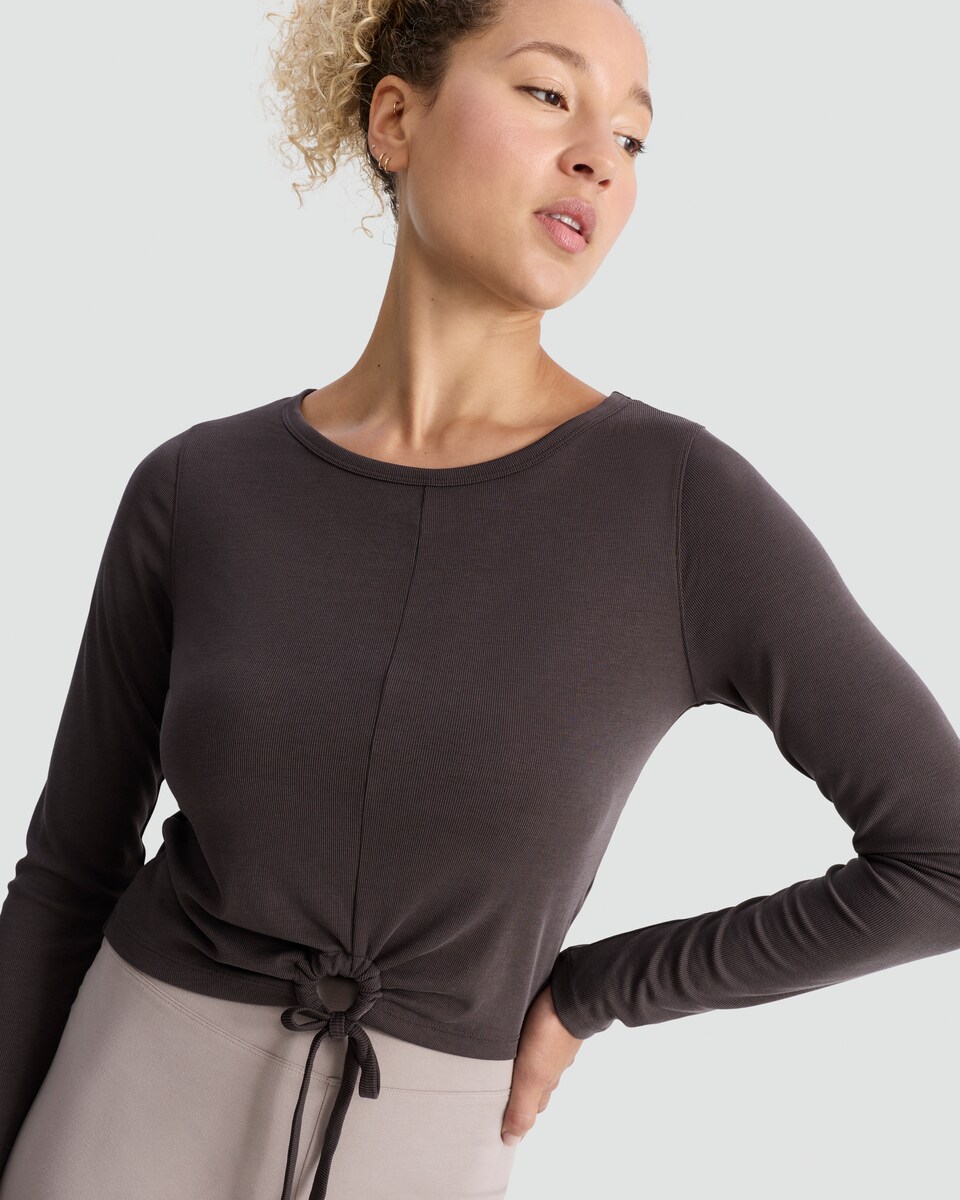 image 1 of F&F Active Modal Rich Drawstring Hem Long Sleeved Yoga Top in Brown