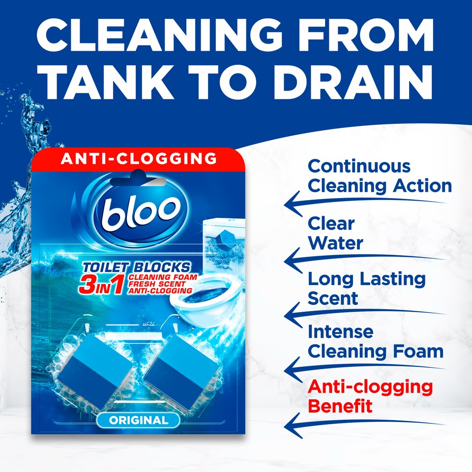 image 1 of Bloo 2in1 In-Cistern Original Blue Toilet Blocks 2 x 50g