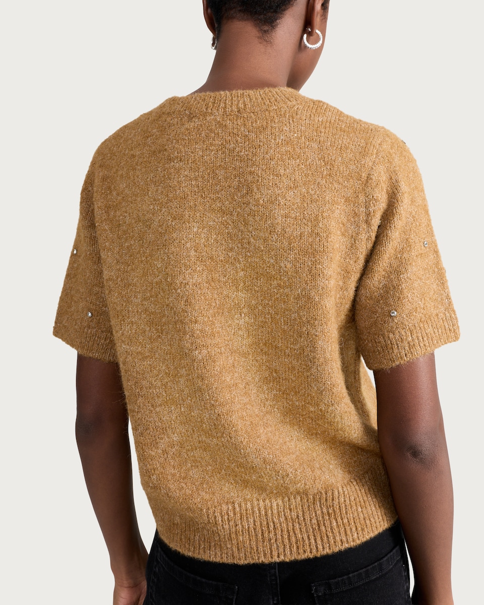 image 1 of F&F Diamanté Embellished Short Sleeved Jumper in Neutral