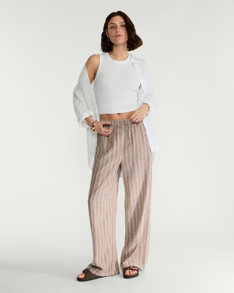 F&F Linen Rich Striped Wide Leg Drawstring Trousers in Brown