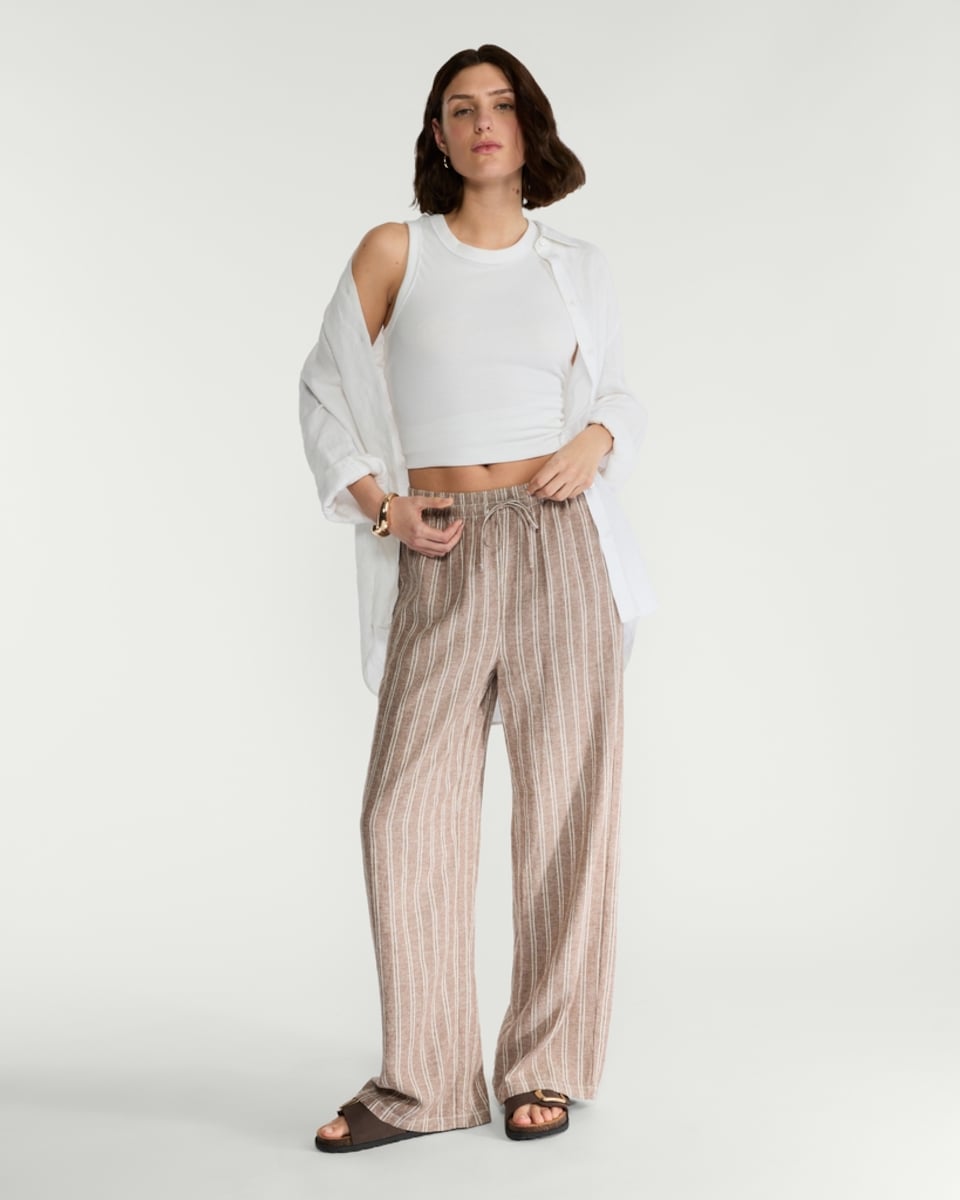 image 1 of F&F Linen Rich Striped Wide Leg Drawstring Trousers in Brown