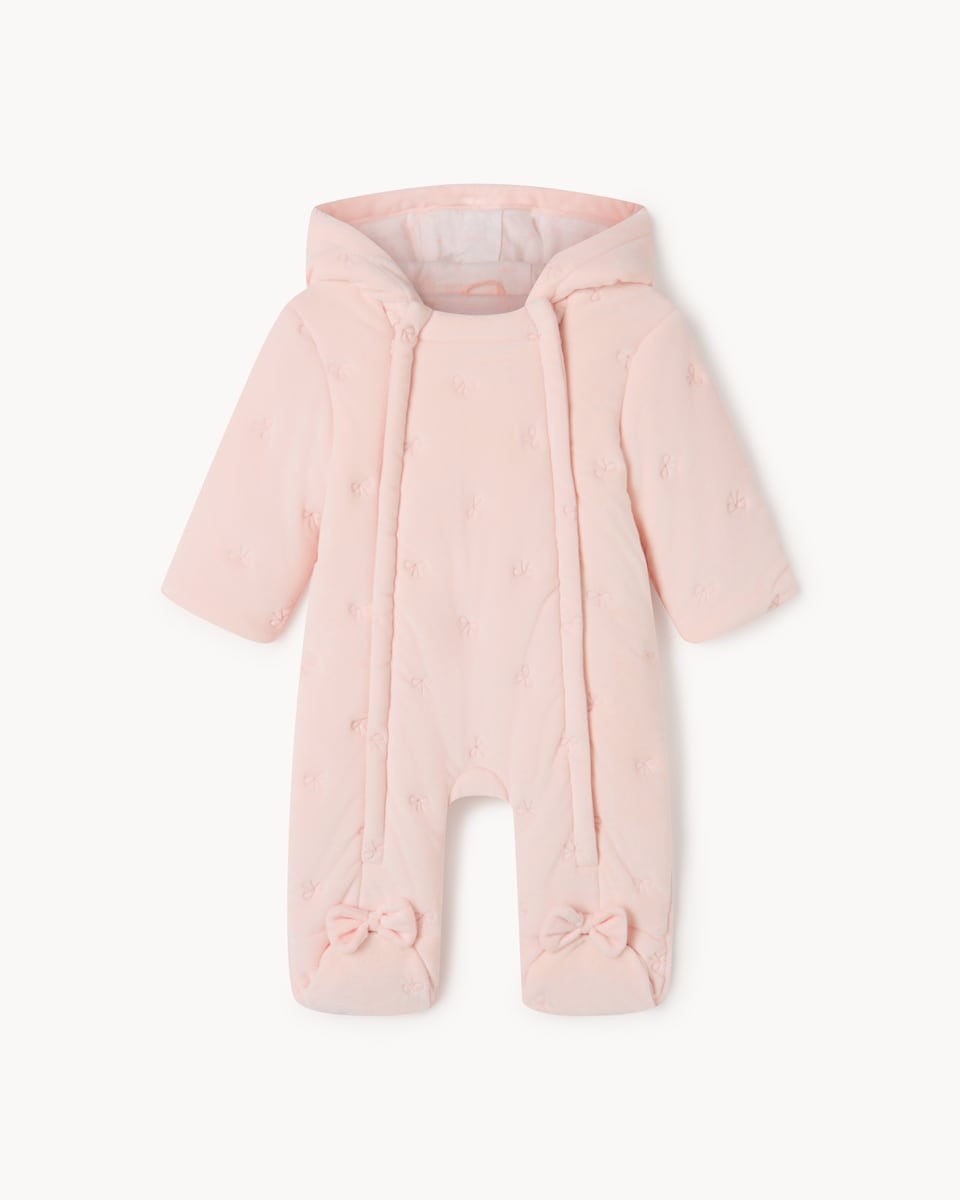 image 1 of F&F Baby Embroidered Bow Hooded Pramsuit in Pink