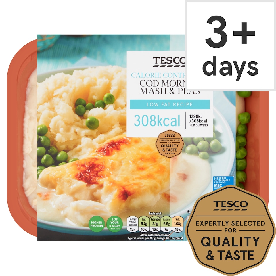 Tesco Calorie Controlled Cod Mornay, Mash & Peas 380g