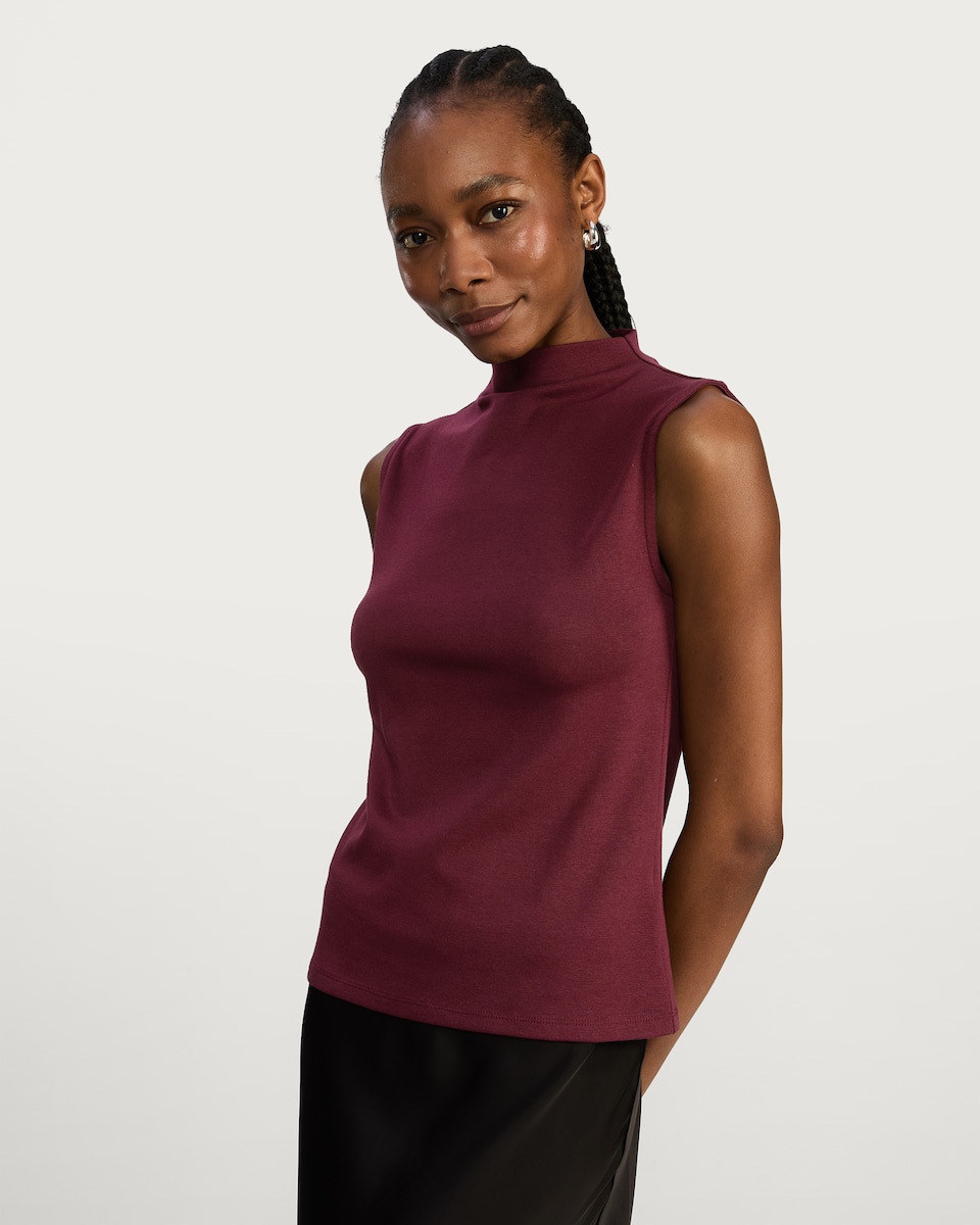 image 1 of F&F Cotton Modal Blend High Neck Sleeveless Top in Burgundy