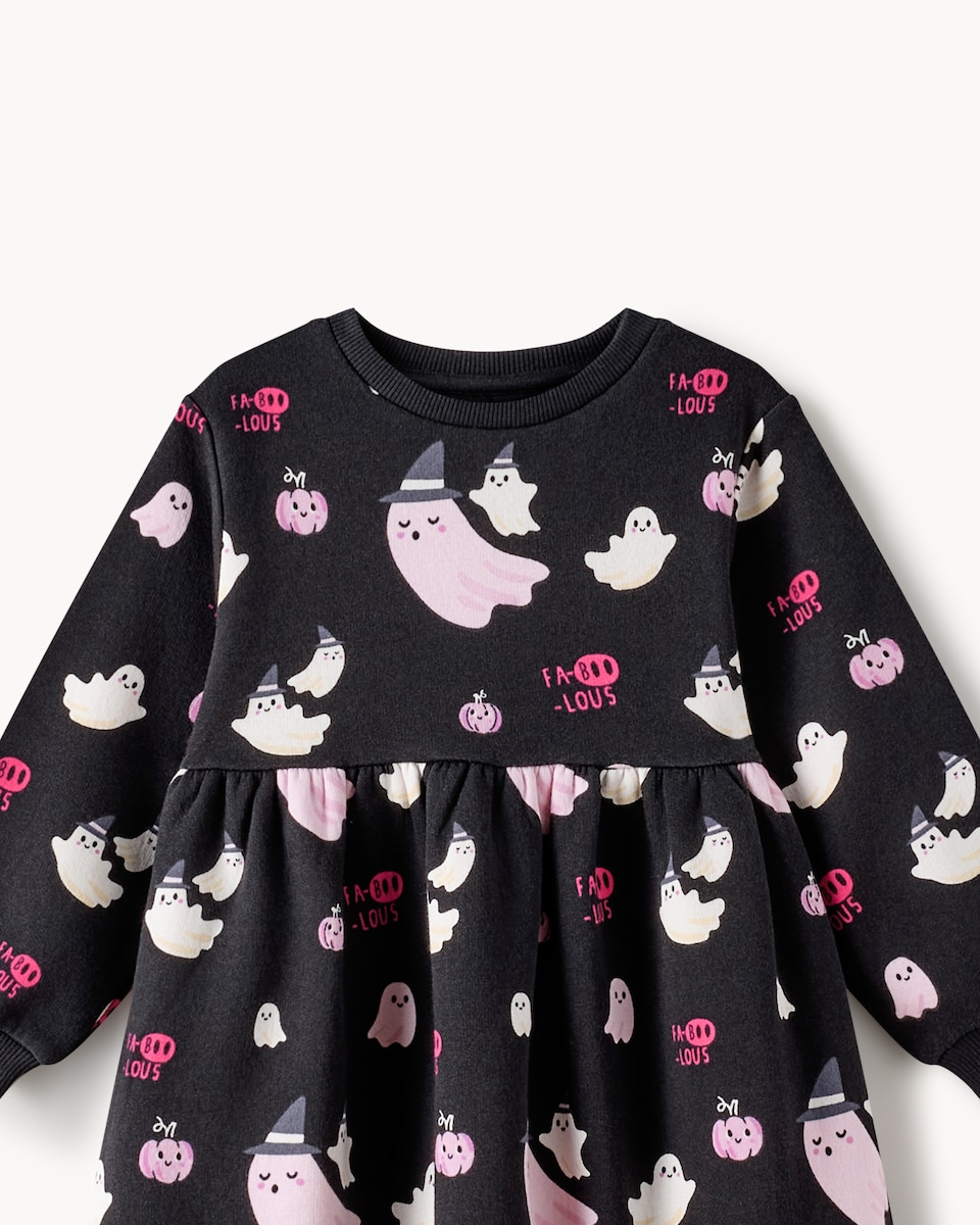 image 1 of F&F Girls Cotton Rich Halloween Print Sweat Dress in Multi Black