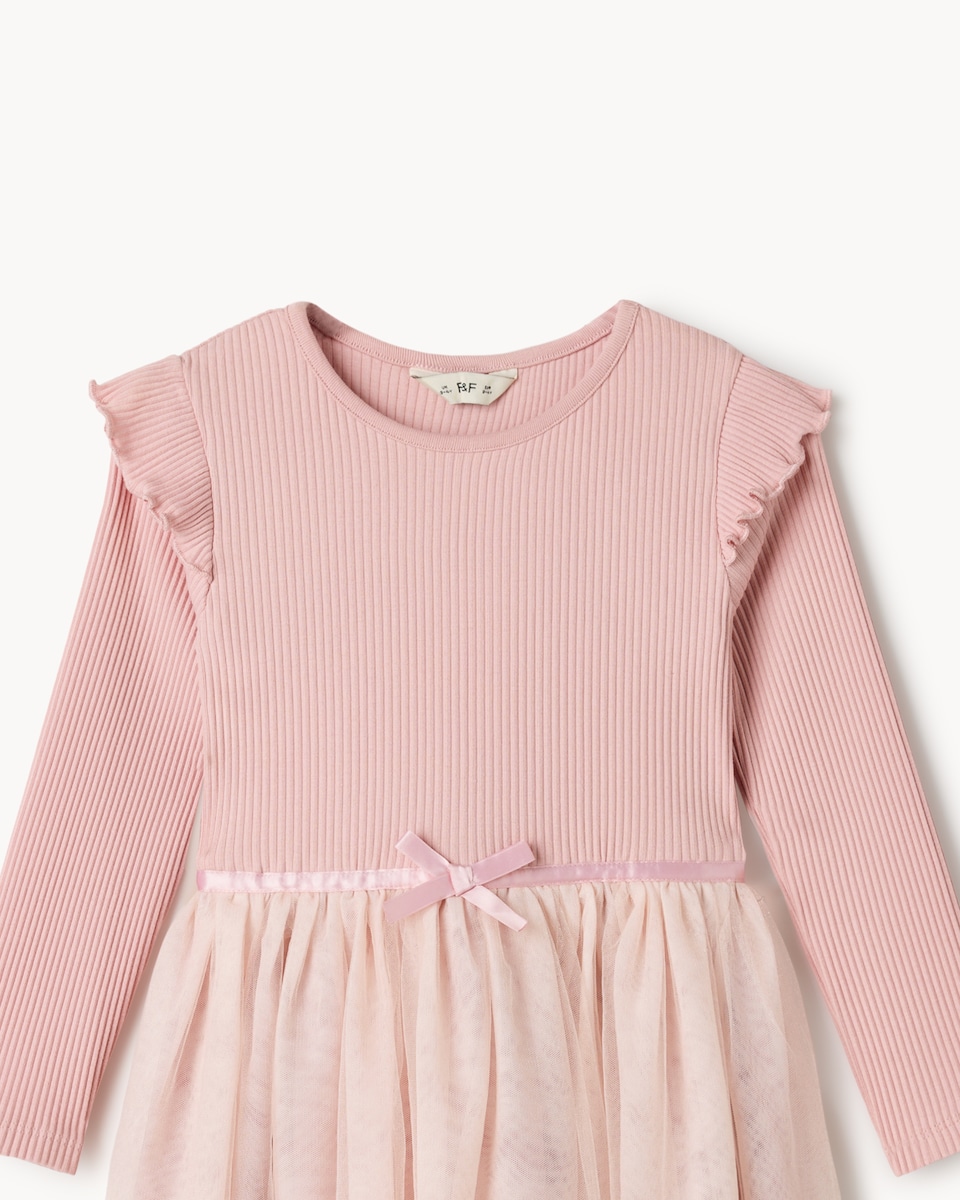image 1 of F&F Girls Cotton Rich Tulle Dress in Pink