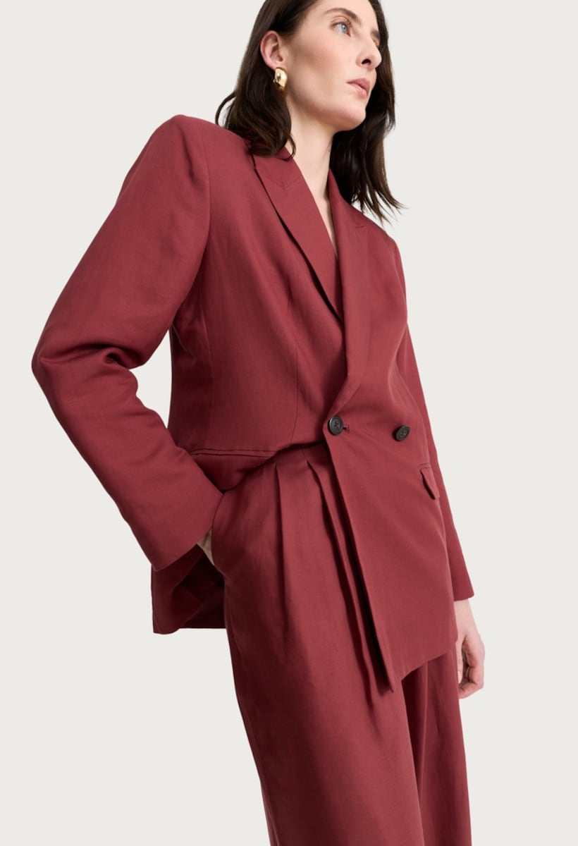image 1 of The F&F Edit Double Pleated Wide Leg Trousers with Linen in Burgundy