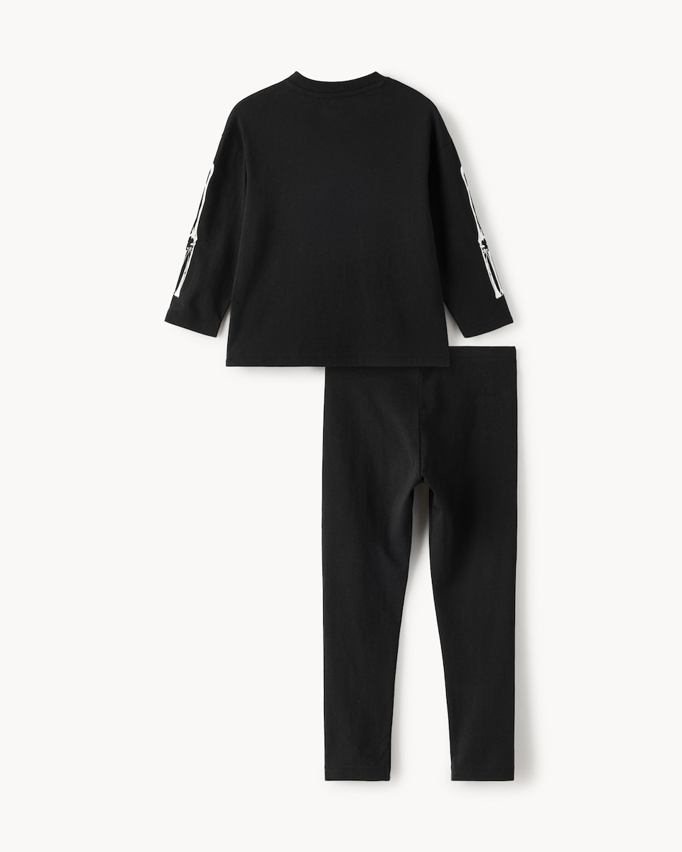 image 1 of F&F Boys Pure Cotton Halloween Skeleton Glow in the Dark Top and Leggings Set in Black