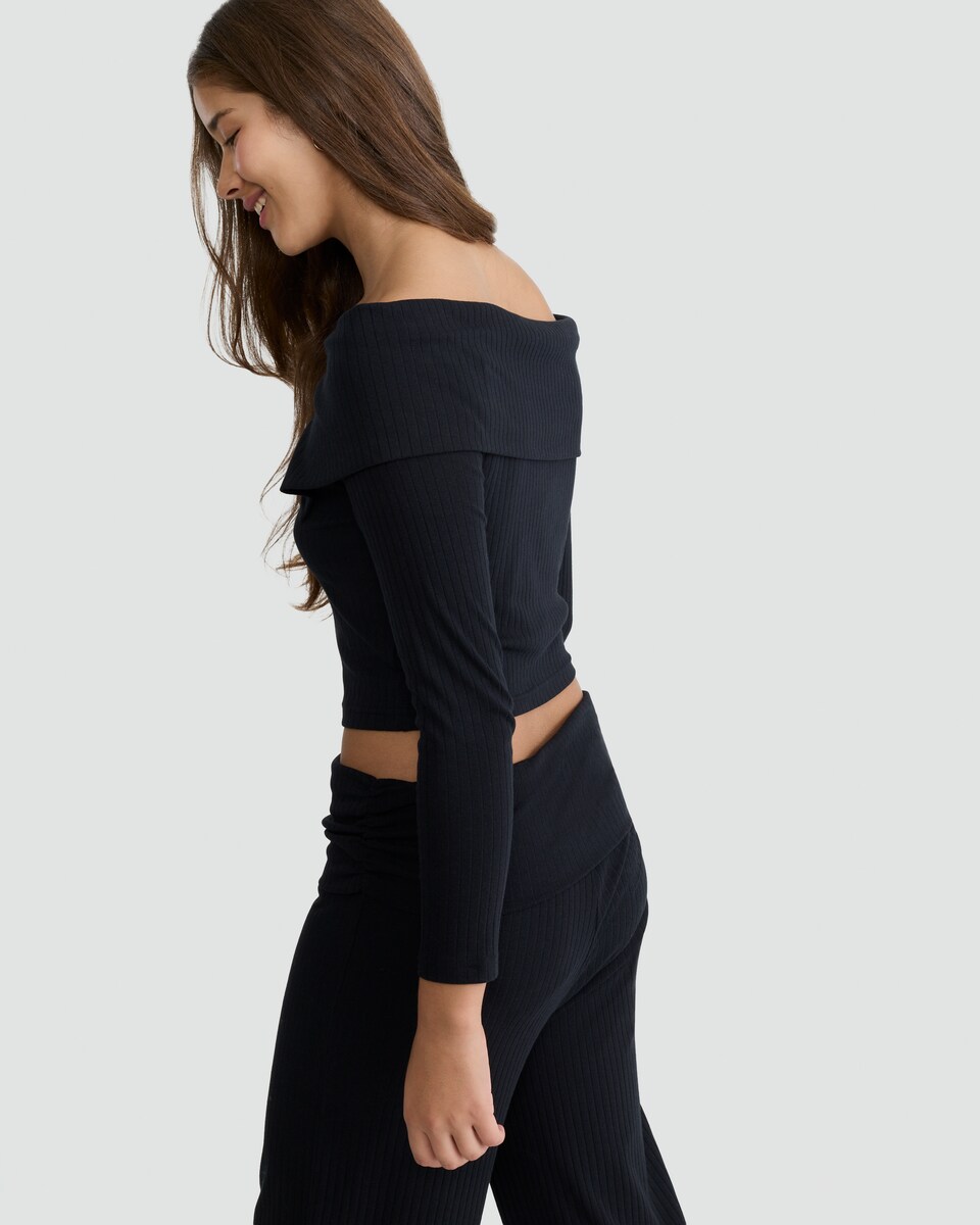 image 1 of OH ME OH MY Cotton Rich Off Shoulder Ribbed Top in Black