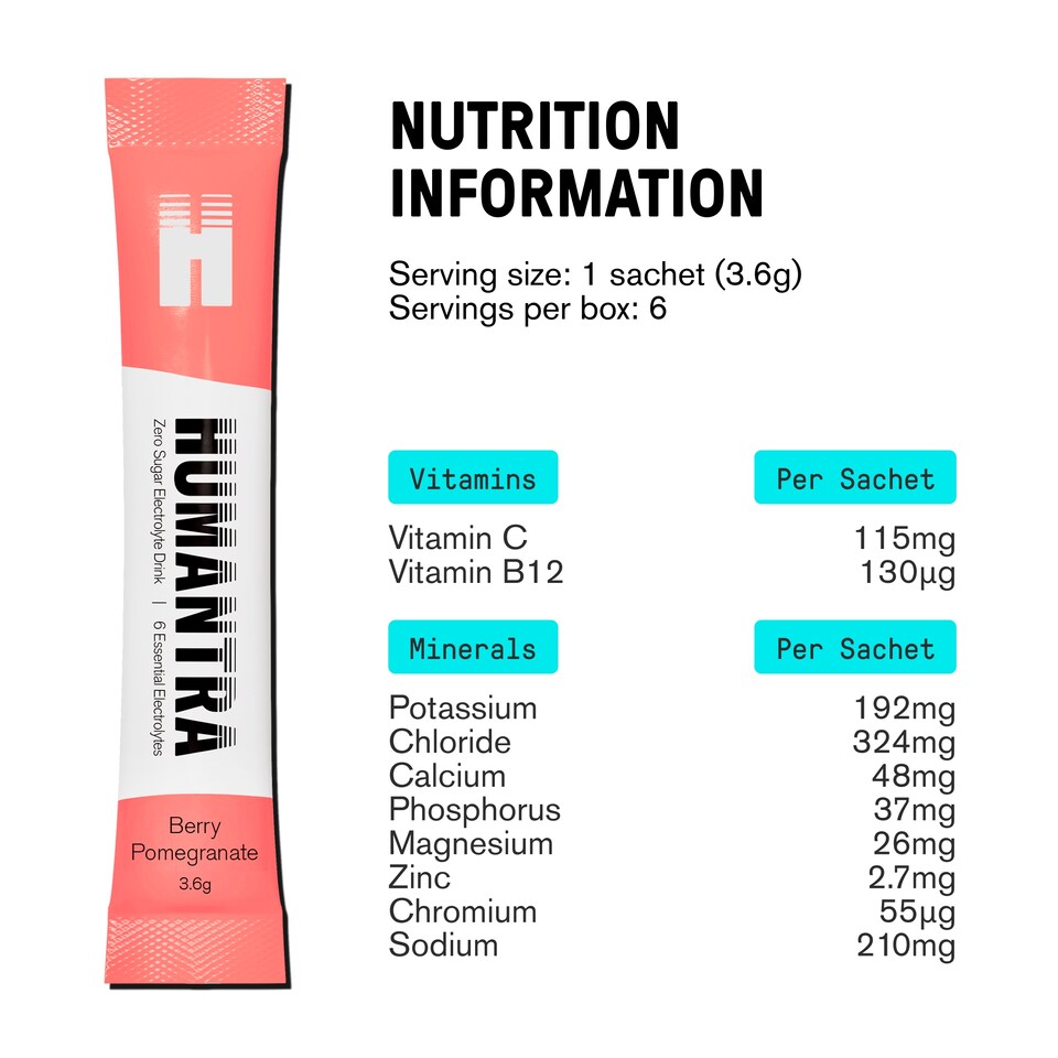 image 1 of Humantra Berry Pomegranate Zero Sugar Electrolyte Drink 6 x 3.6g Sachets