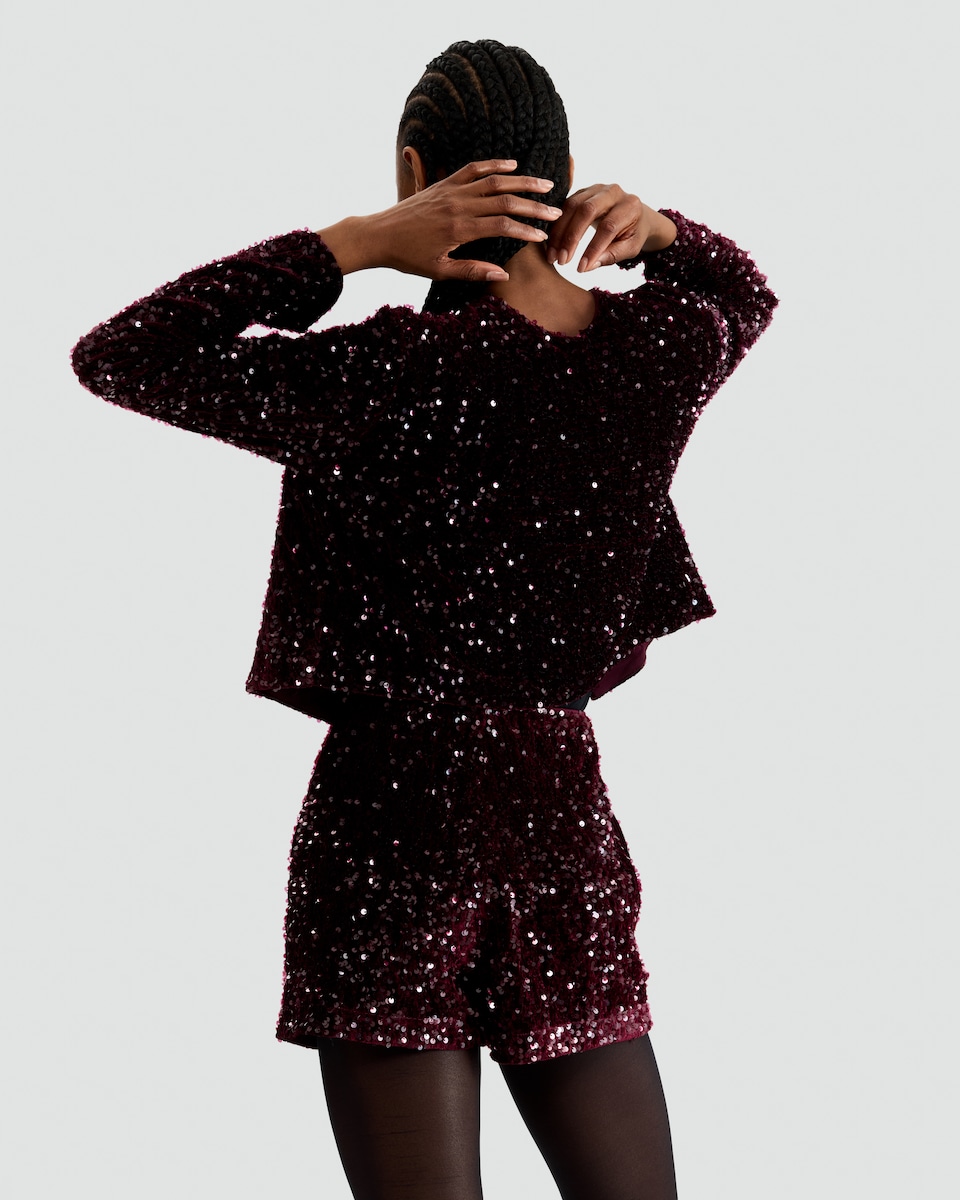 image 1 of F&F  Sequin Embellished Shorts in Burgundy