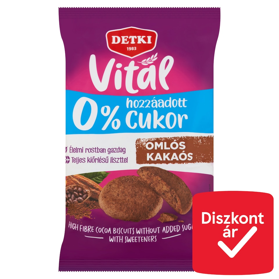Detki Vital omlós kakaós keksz hozzáadott cukor nélkül, édesítőszerekkel 180 g  1. kép