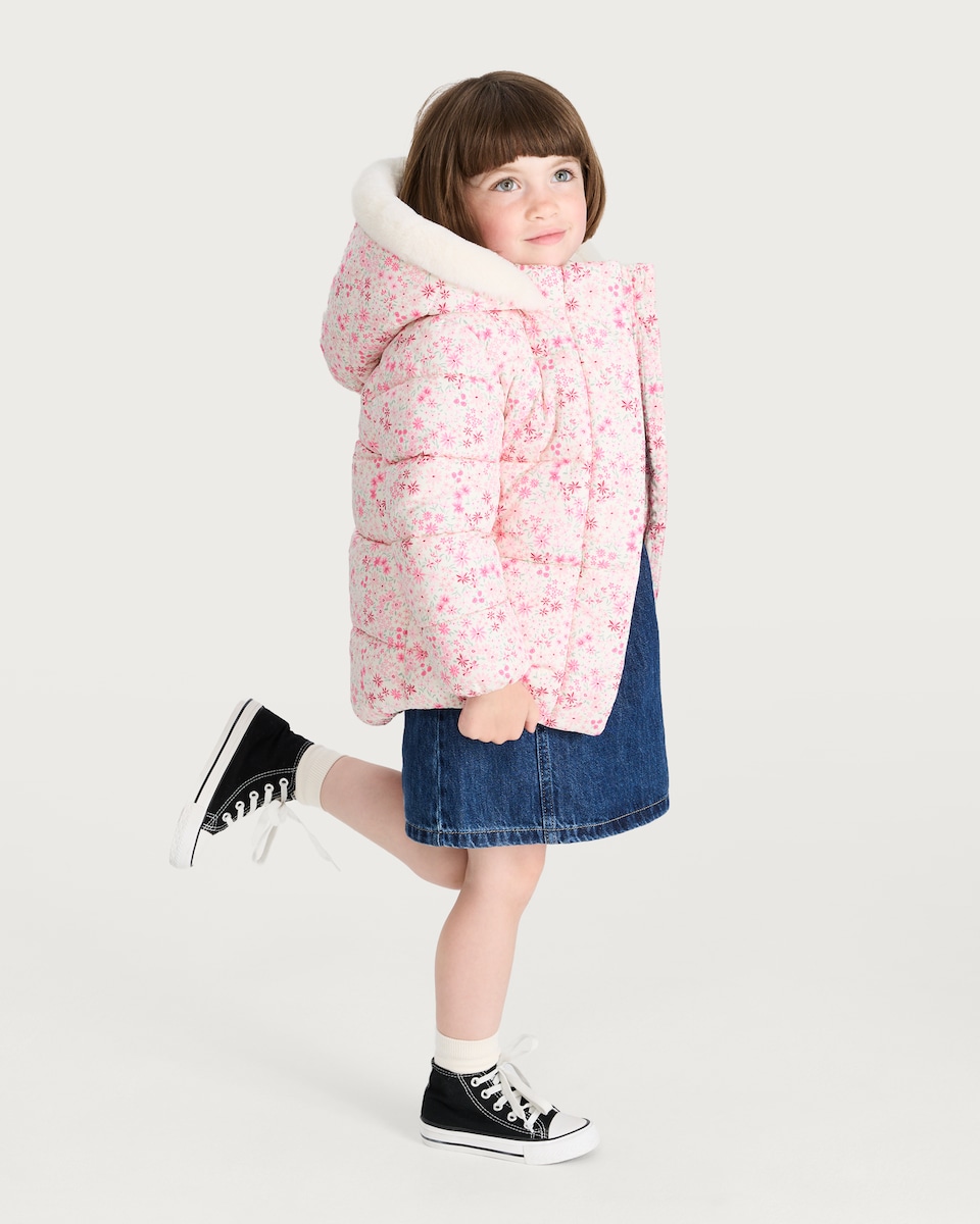 image 1 of F&F Girls Floral Print Padded Coat in Pink