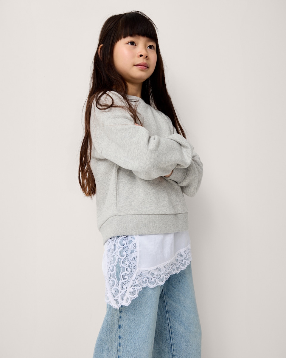 image 1 of F&F Girls Cotton Rich Lace Hem Sweatshirt in Grey