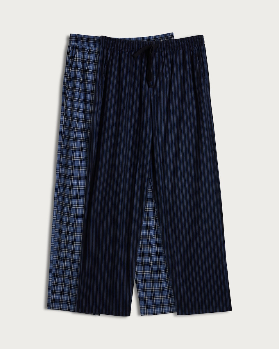 image 1 of F&F 2-Pack Fleece Stripe and Check Print Pyjama Bottoms in Navy