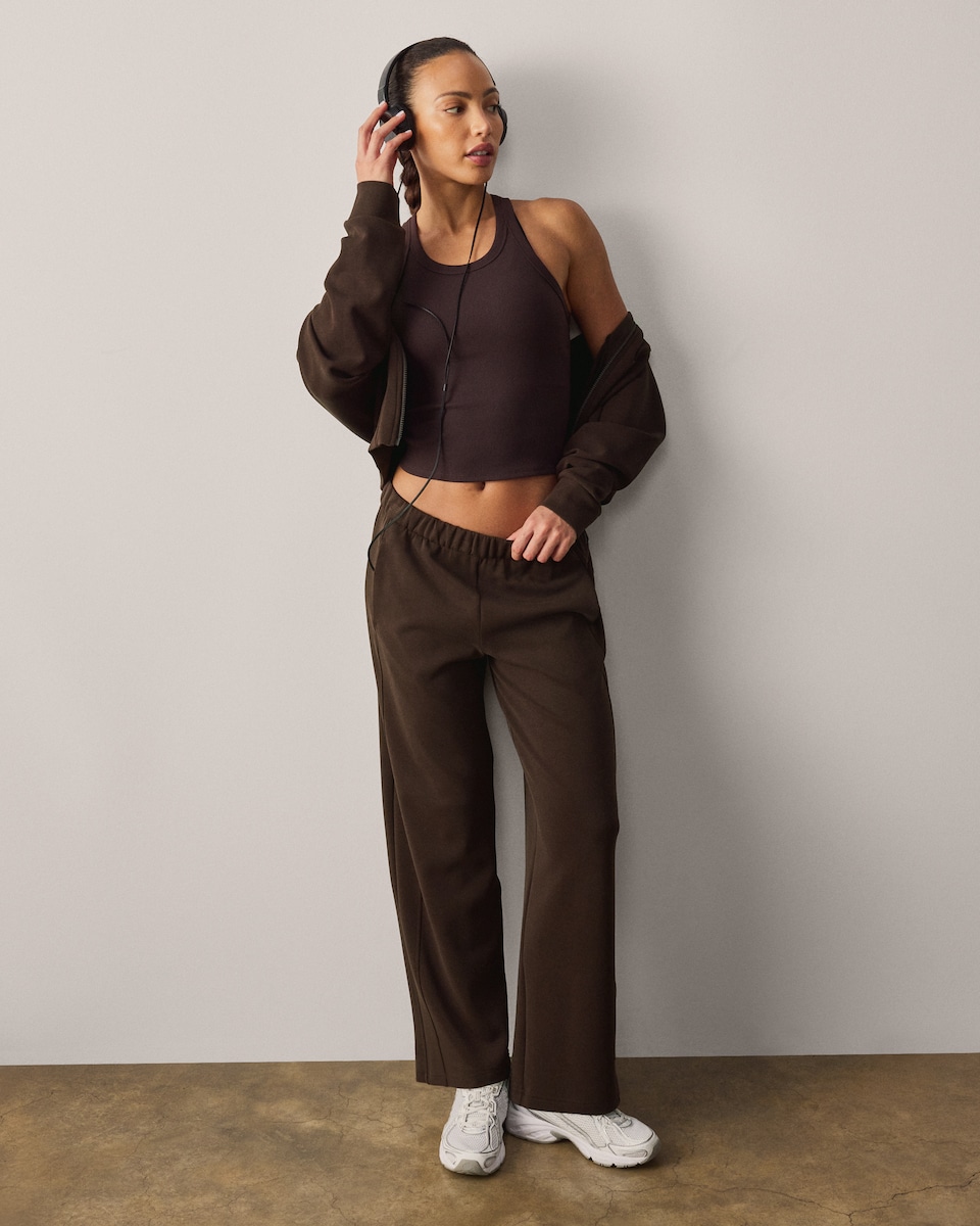 image 1 of F&F Active AFTERCLASS Fleece Backed Wide Leg Joggers in Chocolate