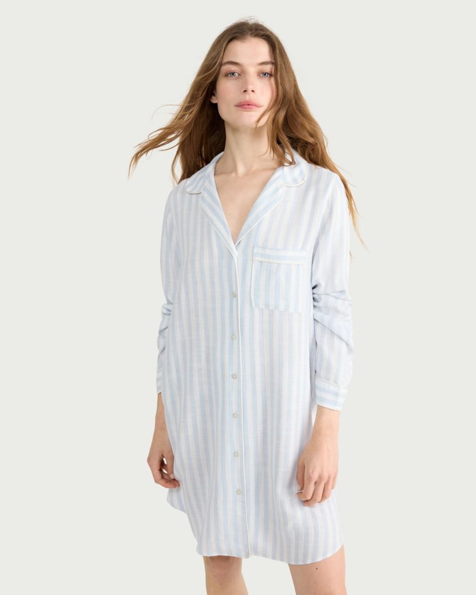 image 1 of The F&F Edit Striped Button Up Pyjama Shirt in Multi Blue