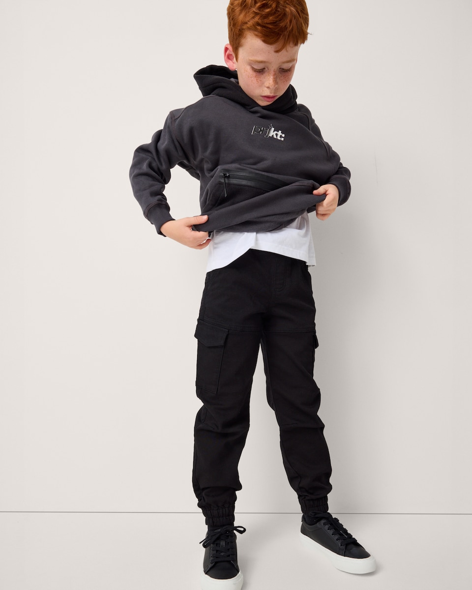 image 1 of F&F Boys Cotton Rich Cuffed Cargo Trousers in Black